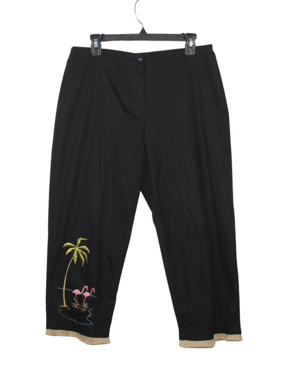 Vintage David Paul women's black capri pants size 14 funky embroidered flamingo